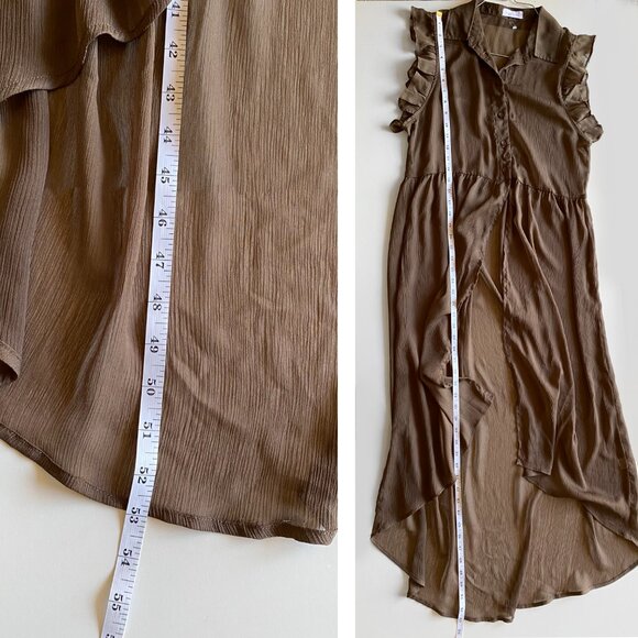 Echo Rose Brown Sheer Button Down Ruffle Sleeve Long Tunic Dress Cover-Up Size S - Picture 3 of 7